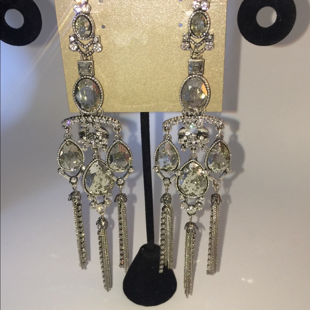 TASHA SILVER CRYSTAL CRACKLED FINISH CRYSTAL EARRINGS SHOULDER DUSTERS NWT